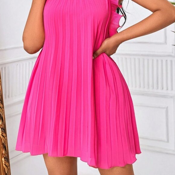 Pink Boho Womens Ruffle Trim Pleated Dress - Picture 5 of 5